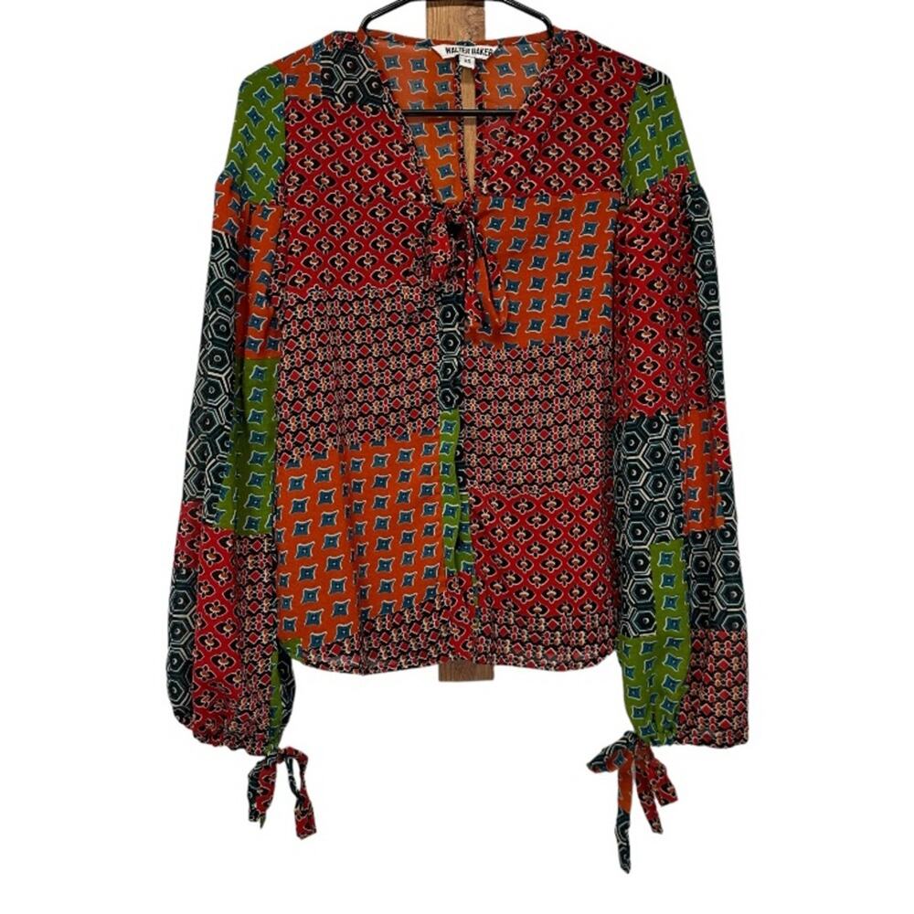 Walter Baker Multicolor Geometric Print Long Tie Sleeves Button Top Size XS